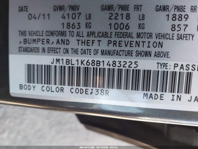 45121389 :رقم المزاد ، JM1BL1K68B1483225 vin ، 2011 Mazda Mazda3 S Sport مزاد بيع