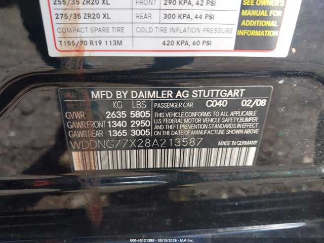 45121388 :رقم المزاد ، WDDNG77X28A213587 vin ، 2008 Mercedes-benz S 63 Amg مزاد بيع