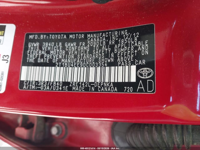 45121414 :رقم المزاد ، 2T1BU4EE9DC003354 vin ، 2013 Toyota Corolla Le مزاد بيع