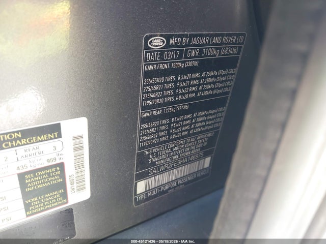 45121426 :رقم المزاد ، SALWR2FE9HA146975 vin ، 2017 Land Rover Range Rover Sport 5.0l V8 Supercharged/5.0l V8 Supercharged Dynamic مزاد بيع