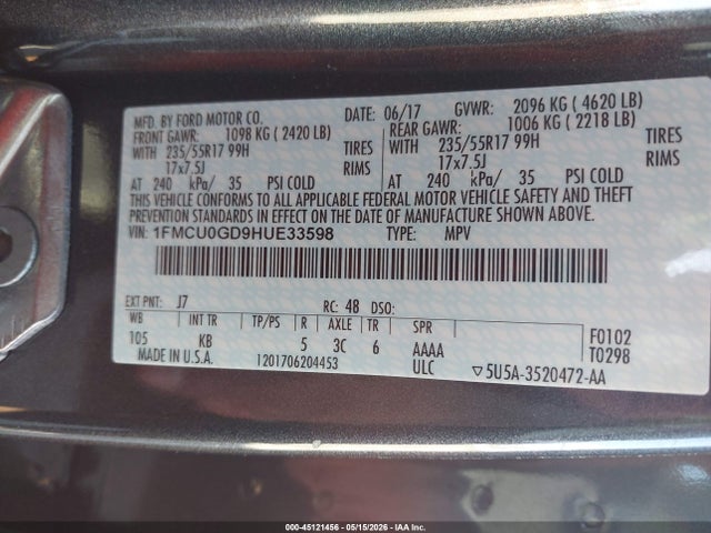 Продажа на аукционе авто 2017 Ford Escape Se, vin: 1FMCU0GD9HUE33598, номер лота: 45121456
