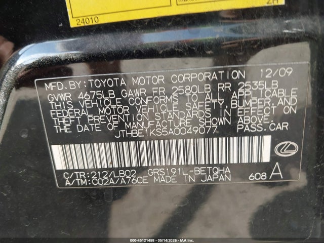 Aukcja sprzedaży 2010 Lexus Gs 350, vin: JTHBE1KS5A0049077, numer aukcji: 45121458