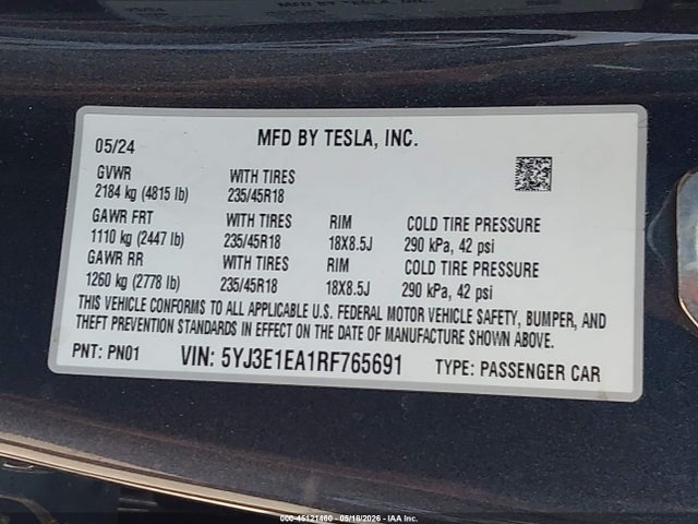 2024 Tesla Model 3 Long Range Dual Motor All-wheel Drive/rear-wheel Drive მანქანა იყიდება აუქციონზე, vin: 5YJ3E1EA1RF765691, აუქციონის ნომერი: 45121460