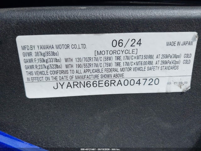 Aukcja sprzedaży 2024 Yamaha Yzfr1, vin: JYARN66E6RA004720, numer aukcji: 45121461