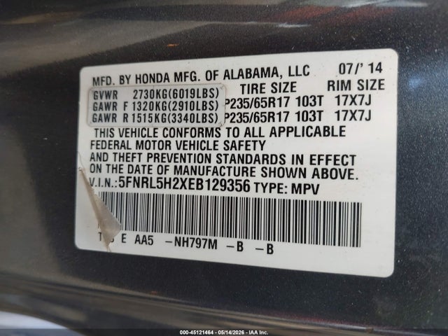 Aukcja sprzedaży 2014 Honda Odyssey Lx, vin: 5FNRL5H2XEB129356, numer aukcji: 45121464
