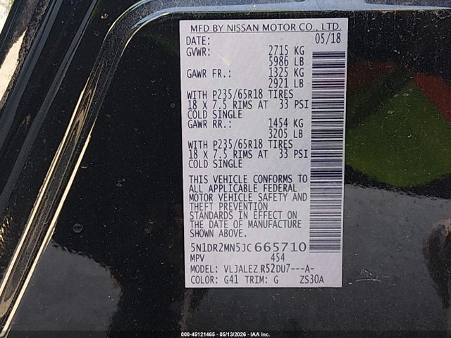 Продаж на аукціоні авто 2018 Nissan Pathfinder Sv, vin: 5N1DR2MN5JC665710, номер лоту: 45121465