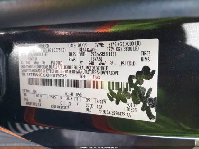 Aukcja sprzedaży 2015 Ford F-150 Xlt, vin: 1FTEW1EGXFFB79735, numer aukcji: 45121470