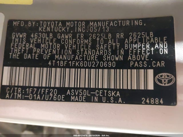 Aukcja sprzedaży 2013 Toyota Camry Se, vin: 4T1BF1FK6DU270690, numer aukcji: 45121475
