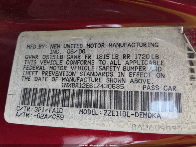 2001 Toyota Corolla Le მანქანა იყიდება აუქციონზე, vin: 1NXBR12E61Z430635, აუქციონის ნომერი: 45121480