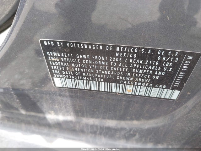 45121482 :رقم المزاد ، 3VWDP7AJ1DM450348 vin ، 2013 Volkswagen Jetta 2.5l Se مزاد بيع