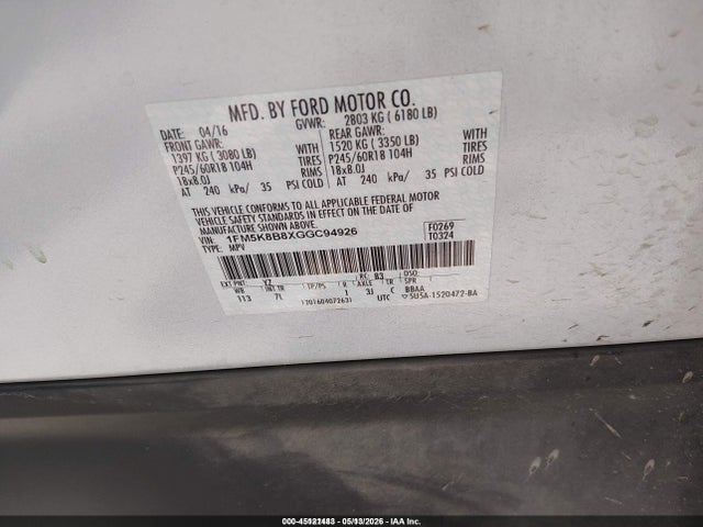 Продаж на аукціоні авто 2016 Ford Explorer, vin: 1FM5K8B8XGGC94926, номер лоту: 45121483