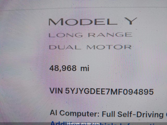 45121496 :رقم المزاد ، 5YJYGDEE7MF094895 vin ، 2021 Tesla Model Y Long Range Dual Motor All-wheel Drive مزاد بيع