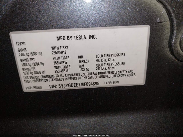 45121496 :رقم المزاد ، 5YJYGDEE7MF094895 vin ، 2021 Tesla Model Y Long Range Dual Motor All-wheel Drive مزاد بيع