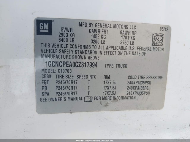 45121509 :رقم المزاد ، 1GCNCPEA0CZ317994 vin ، 2012 Chevrolet Silverado 1500 Work Truck مزاد بيع