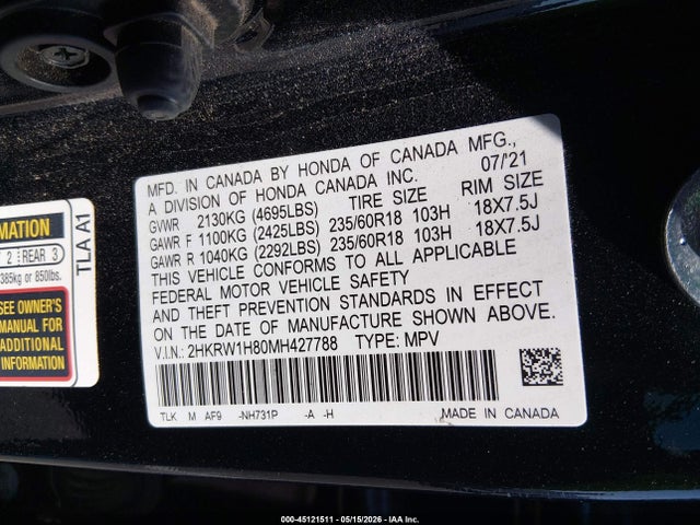 Aukcja sprzedaży 2021 Honda Cr-v 2wd Ex-l, vin: 2HKRW1H80MH427788, numer aukcji: 45121511