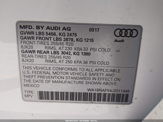 Aukcja sprzedaży 2018 Audi Q5 2.0t Premium/2.0t Tech Premium, vin: WA1BNAFY4J2011449, numer aukcji: 45121519
