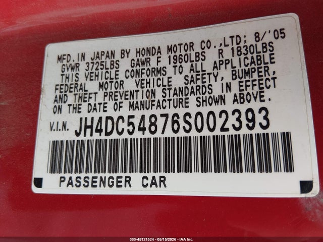Aukcja sprzedaży 2006 Acura Rsx, vin: JH4DC54876S002393, numer aukcji: 45121524
