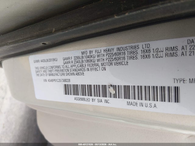 Aukcja sprzedaży 2005 Subaru Outback 2.5i, vin: 4S4BP61C257388228, numer aukcji: 45121526