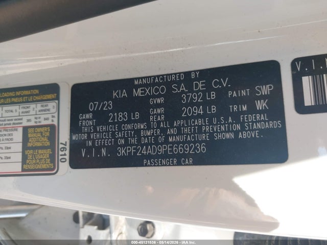 Aukcja sprzedaży 2023 Kia Forte Lxs, vin: 3KPF24AD9PE669236, numer aukcji: 45121536
