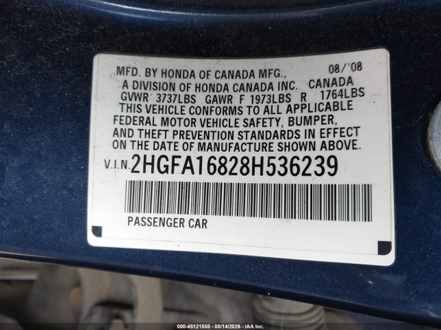 Aukcja sprzedaży 2008 Honda Civic Ex, vin: 2HGFA16828H536239, numer aukcji: 45121558