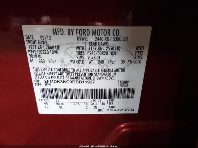 Продаж на аукціоні авто 2013 Ford Edge Limited, vin: 2FMDK3KC0DBB11927, номер лоту: 45121565