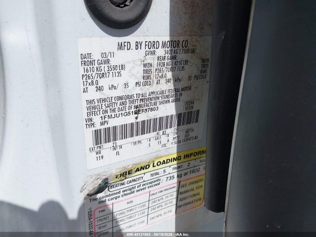 45121583 :رقم المزاد ، 1FMJU1G51BEF37803 vin ، 2011 Ford Expedition Xl مزاد بيع