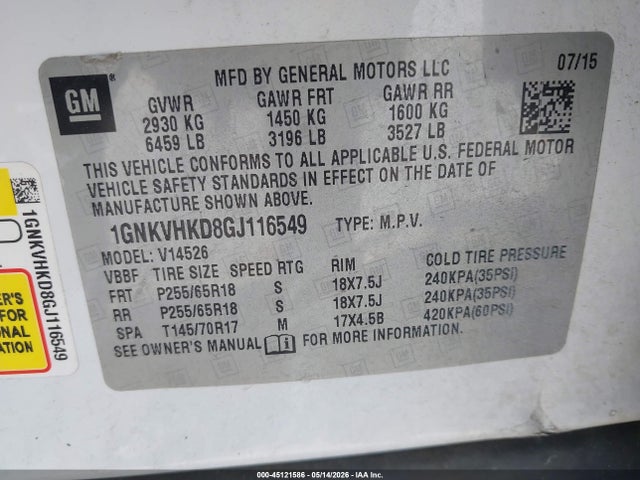 Продажа на аукционе авто 2016 Chevrolet Traverse 2lt, vin: 1GNKVHKD8GJ116549, номер лота: 45121586