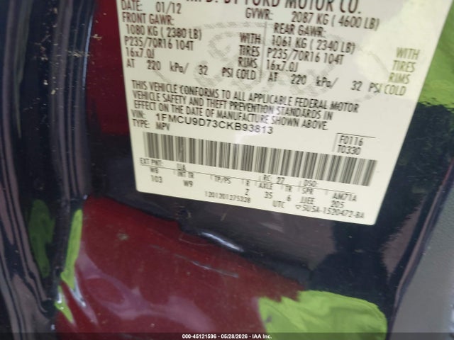 Aukcja sprzedaży 2012 Ford Escape Xlt, vin: 1FMCU9D73CKB93813, numer aukcji: 45121596