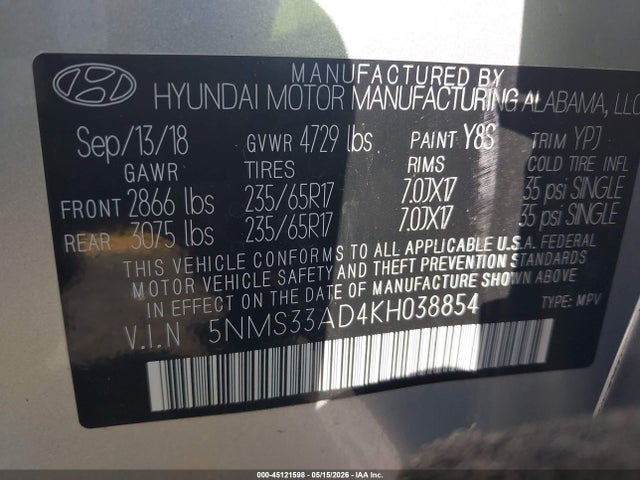 2019 Hyundai Santa Fe Sel მანქანა იყიდება აუქციონზე, vin: 5NMS33AD4KH038854, აუქციონის ნომერი: 45121598