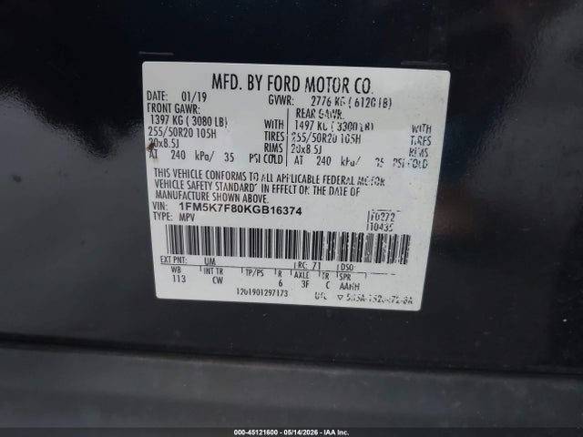 Aukcja sprzedaży 2019 Ford Explorer Limited, vin: 1FM5K7F80KGB16374, numer aukcji: 45121600