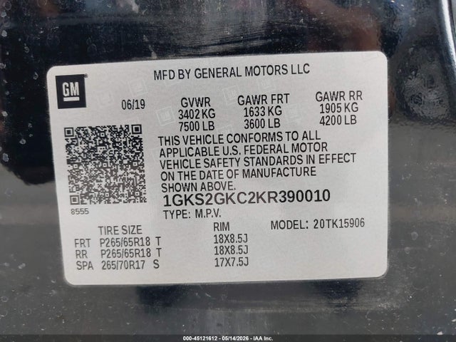 Продаж на аукціоні авто 2019 Gmc Yukon Xl Slt, vin: 1GKS2GKC2KR390010, номер лоту: 45121612