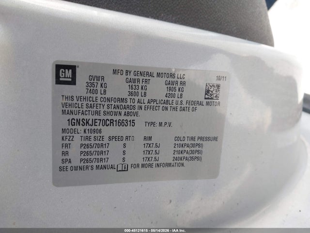 Продажа на аукционе авто 2012 Chevrolet Suburban 1500 Lt, vin: 1GNSKJE70CR166315, номер лота: 45121615