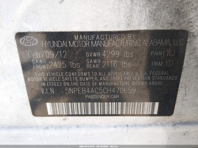 2012 Hyundai Sonata Gls მანქანა იყიდება აუქციონზე, vin: 5NPEB4AC5CH470659, აუქციონის ნომერი: 45121616