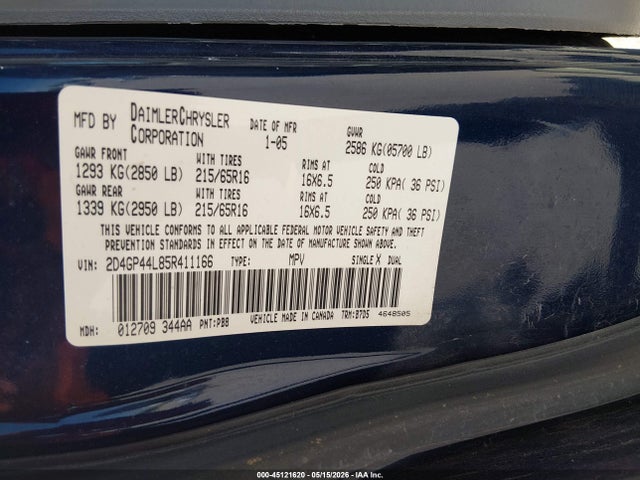 Продажа на аукционе авто 2005 Dodge Grand Caravan Sxt, vin: 2D4GP44L85R411166, номер лота: 45121620
