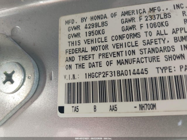 Продажа на аукционе авто 2011 Honda Accord 2.4 Lx, vin: 1HGCP2F31BA014445, номер лота: 45121621