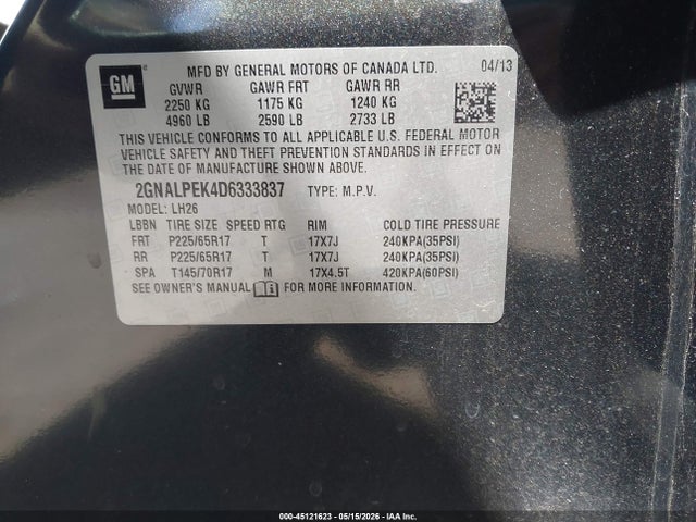 45121623 :رقم المزاد ، 2GNALPEK4D6333837 vin ، 2013 Chevrolet Equinox 2lt مزاد بيع