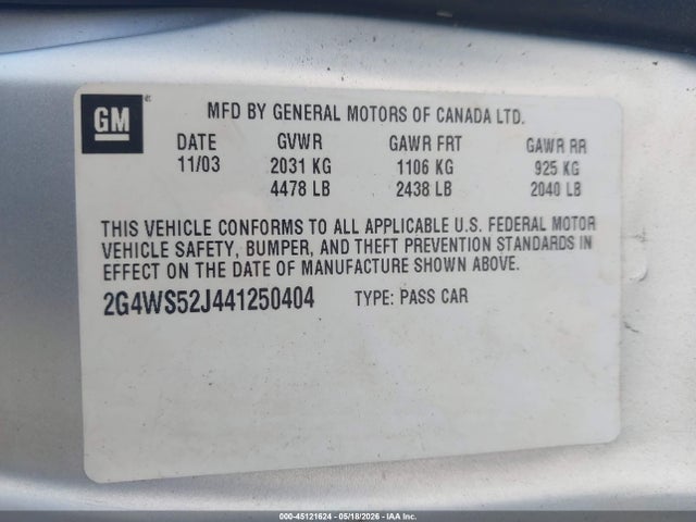 Aukcja sprzedaży 2004 Buick Century, vin: 2G4WS52J441250404, numer aukcji: 45121624