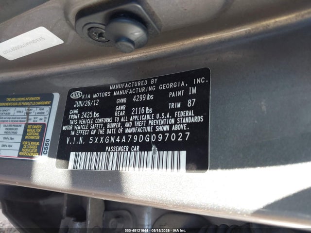 2013 Kia Optima Ex მანქანა იყიდება აუქციონზე, vin: 5XXGN4A79DG097027, აუქციონის ნომერი: 45121644
