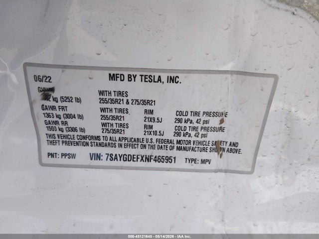 Aukcja sprzedaży 2022 Tesla Model Y Performance Dual Motor All-wheel Drive, vin: 7SAYGDEFXNF465951, numer aukcji: 45121645