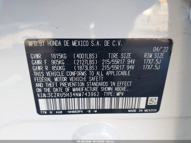 3CZRU5H34NM743962 Honda Hr-v 2wd Lx