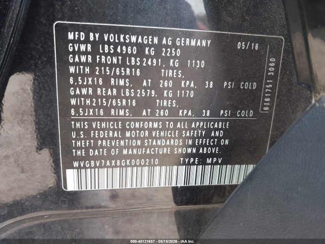 Продажа на аукционе авто 2016 Volkswagen Tiguan S, vin: WVGBV7AX8GK000210, номер лота: 45121657