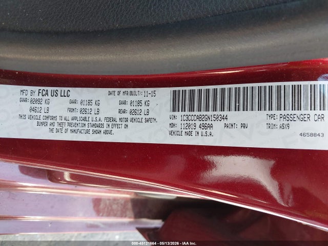 2016 Chrysler 200 Limited მანქანა იყიდება აუქციონზე, vin: 1C3CCCAB2GN150344, აუქციონის ნომერი: 45121664