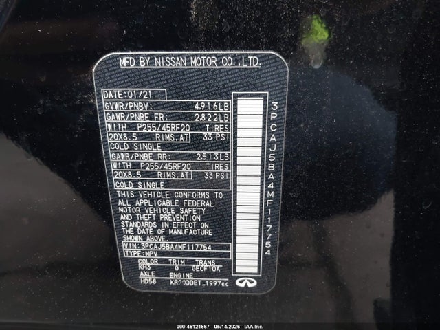 2021 Infiniti Qx50 Luxe მანქანა იყიდება აუქციონზე, vin: 3PCAJ5BA4MF117754, აუქციონის ნომერი: 45121667