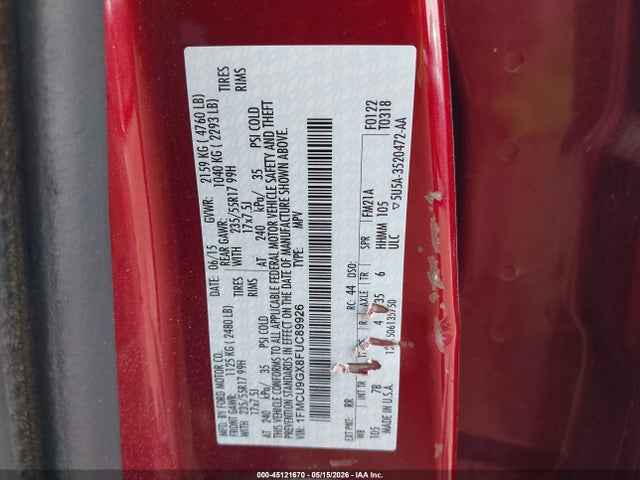 45121670 :رقم المزاد ، 1FMCU9GX8FUC89926 vin ، 2015 Ford Escape Se مزاد بيع