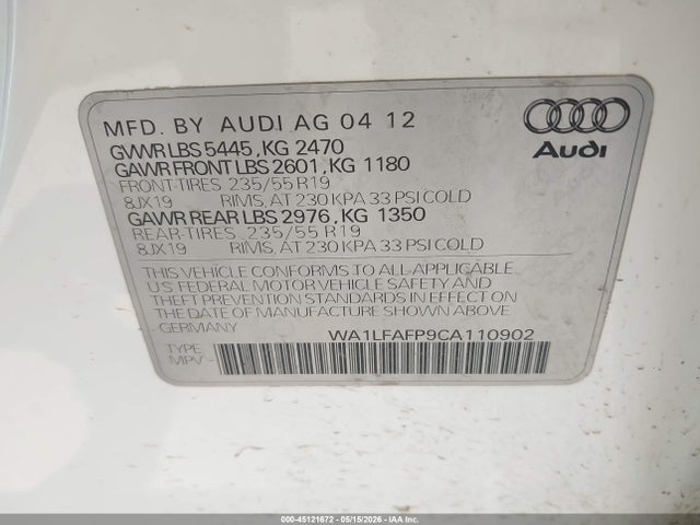 Aukcja sprzedaży 2012 Audi Q5 2.0t Premium, vin: WA1LFAFP9CA110902, numer aukcji: 45121672
