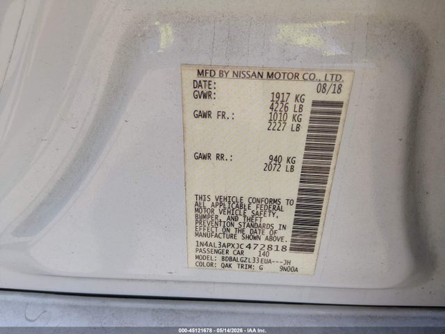 Aukcja sprzedaży 2018 Nissan Altima 2.5 S, vin: 1N4AL3APXJC472818, numer aukcji: 45121678
