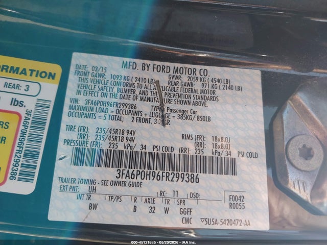 Ford FUSION SE 2015 3FA6P0H96FR299386 Image 9
