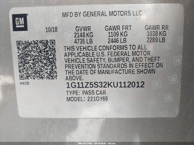 45121693 :رقم المزاد ، 1G11Z5S32KU112012 vin ، 2019 Chevrolet Impala Lt مزاد بيع
