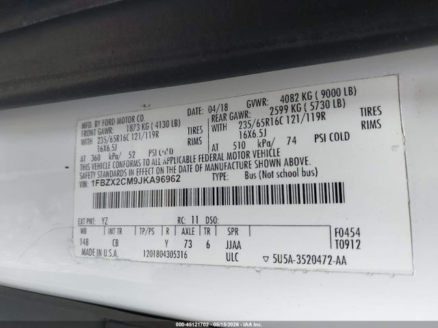 Продажа на аукционе авто 2018 Ford Transit-350 Xlt, vin: 1FBZX2CM9JKA96962, номер лота: 45121702