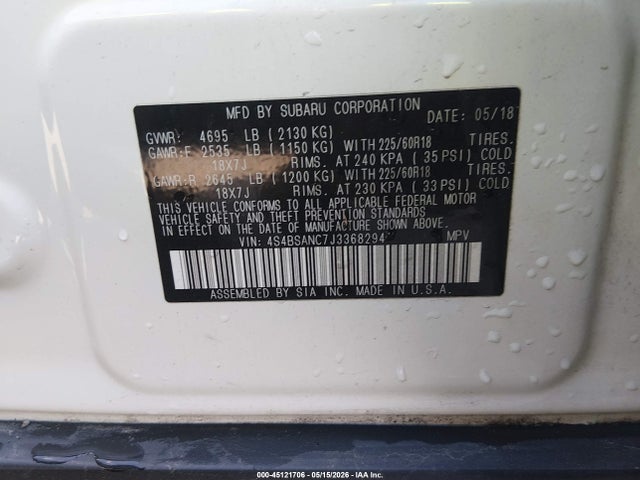Aukcja sprzedaży 2018 Subaru Outback 2.5i Limited, vin: 4S4BSANC7J3368294, numer aukcji: 45121706